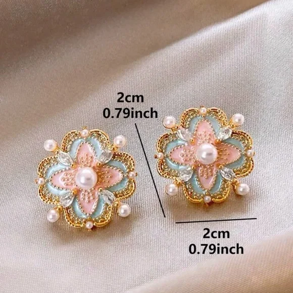 Pastel Floral Stud Earrings 🌸 Pearl Rhinestone Gold Tone Cottagecore - Picture 7 of 7